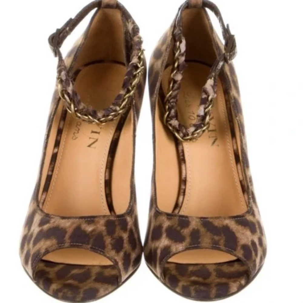 LANVIN Black Leopard Cheetah Animal Print Ankle Strap Pumps Heels 8